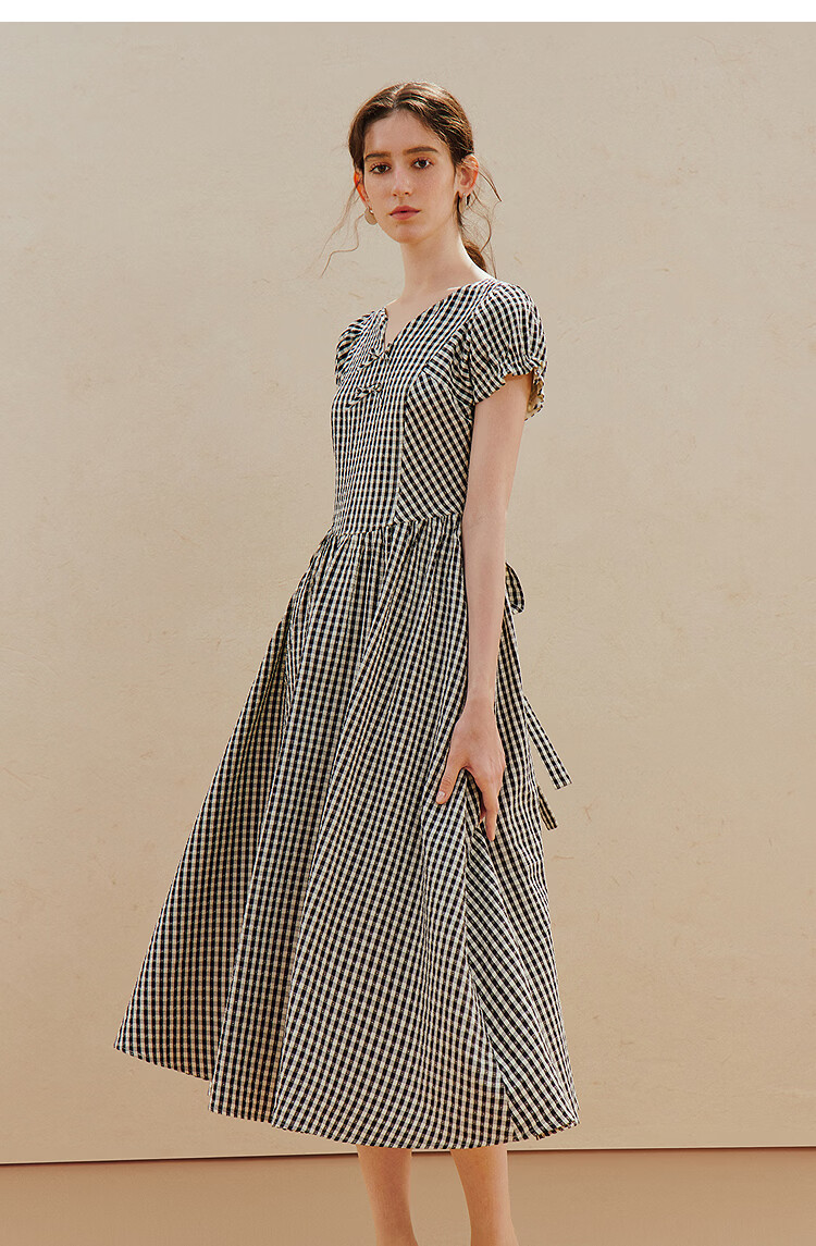 INMAN Plaid Bowknot V-Neck Puff Sleeve Dress 26 Summer New Women's Tie Waist Long Dress Black and White Check S 10