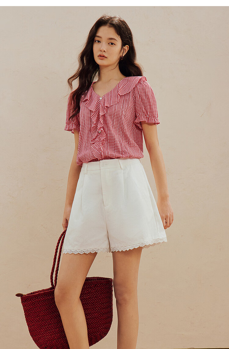 INMAN French Vintage Red Plaid Short Sleeve Shirt 26 Summer New Women's Ruffle Beaded Top Navy Plaid L 26