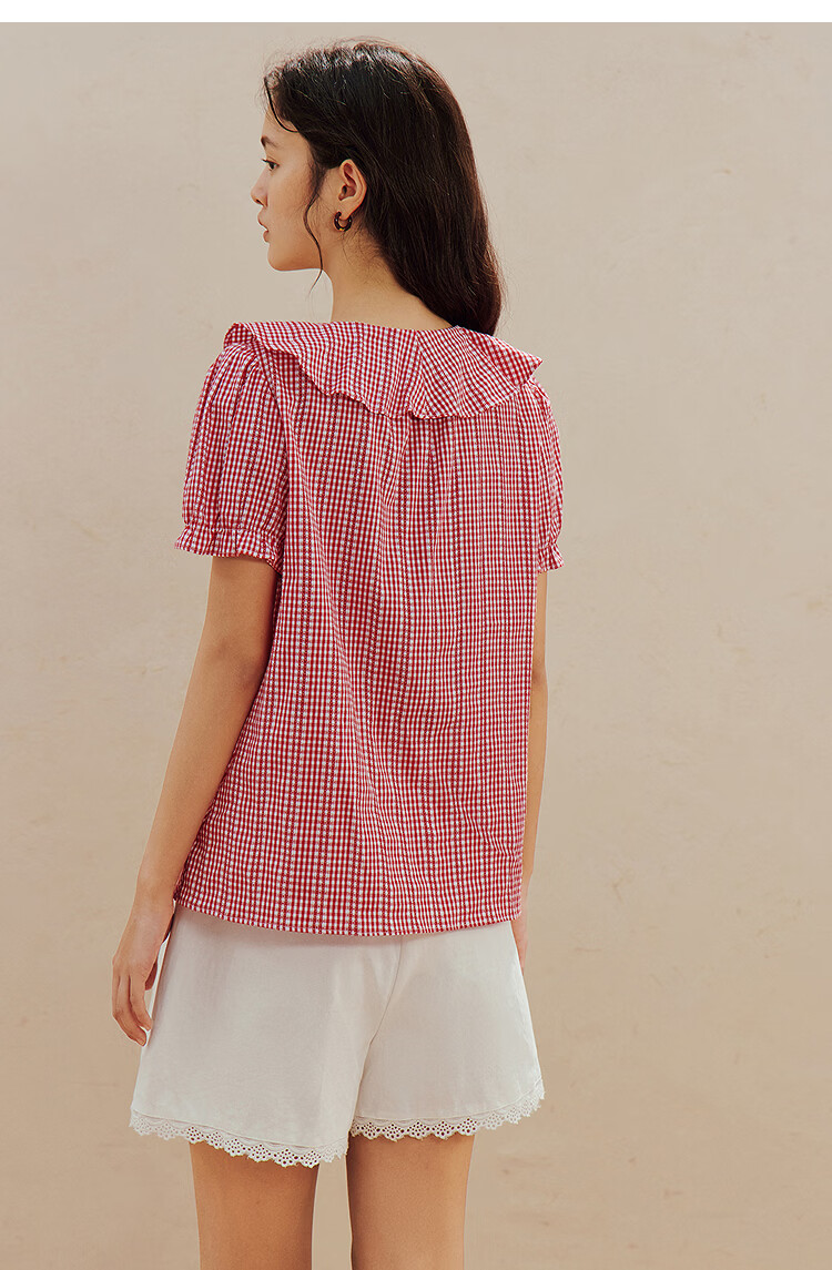 INMAN French Vintage Red Plaid Short Sleeve Shirt 26 Summer New Women's Ruffle Beaded Top Navy Plaid L 29