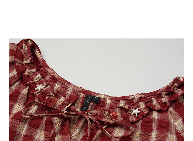 INMAN French Vintage Red Plaid Short Sleeve Shirt 26 Summer New Women's Ruffle Beaded Top Navy Plaid L 6