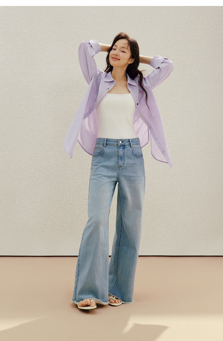 INMAN Simple Shell Beaded Embroidered Long Sleeve Shirt 26 Summer New Women's Commuting Turn-down Collar Top Purple S 27