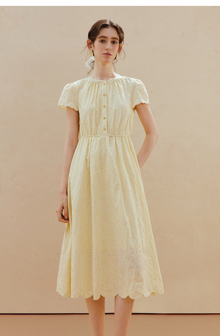 INMAN INMAN Floral Pattern Waist-Cinching Lace Dress, Summer 2026 New Style, Wavy Lace Trim Short-Sleeve Dress, Goose Yellow, Size L 12