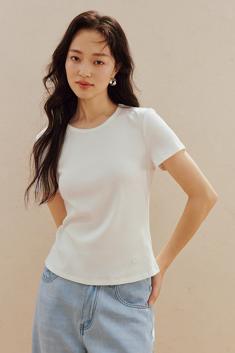 INMAN Casual Fitted Crew Neck Short Sleeve T-Shirt 26 Summer Women's New Solid Color Inner Top White M 2