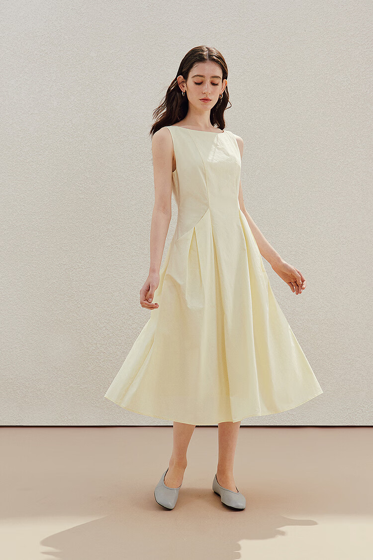 INMAN 100% Xinjiang Cotton Yellow Sleeveless Pleated A-Line Dress Vest XL Summer 2026 Women's New 2