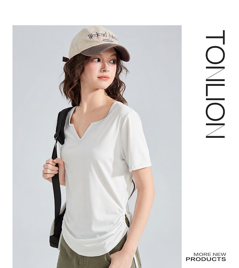 TonLion 2026 New Summer Women's Short Sleeve V-Neck Sports Style Sun Protection T-Shirt with Drawstring Waist Design White 9
