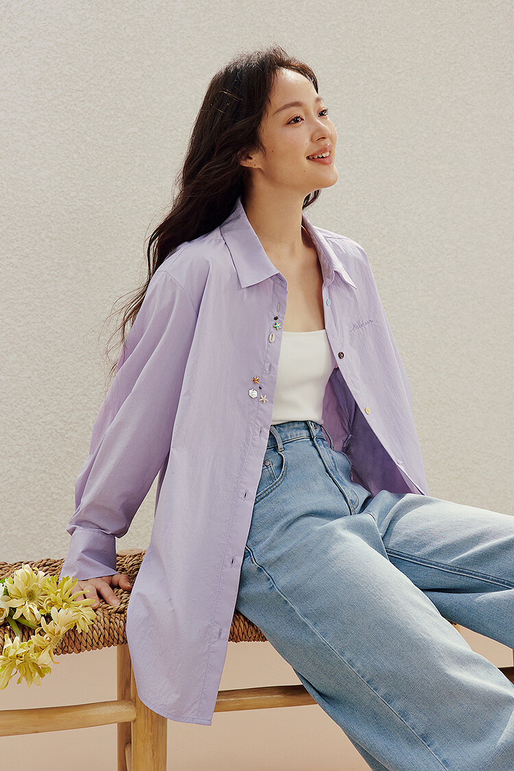 INMAN Simple Shell Beaded Embroidered Long Sleeve Shirt 26 Summer New Women's Commuting Turn-down Collar Top Purple S 2