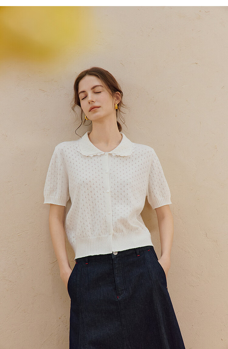 INMAN Hollow Lace Doll Collar Knit Cardigan 26 Summer New Sweet Versatile Short Sleeve Top Pearl White XL 9