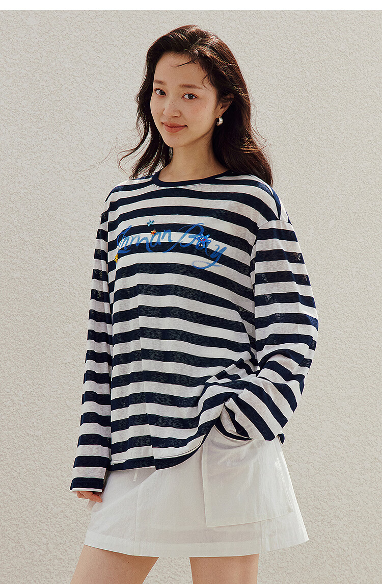 INMAN Lazy Stripe Letter Print Beaded Lightweight T-Shirt 26 Summer New Women's Long Sleeve Top Navy White Stripe L 14