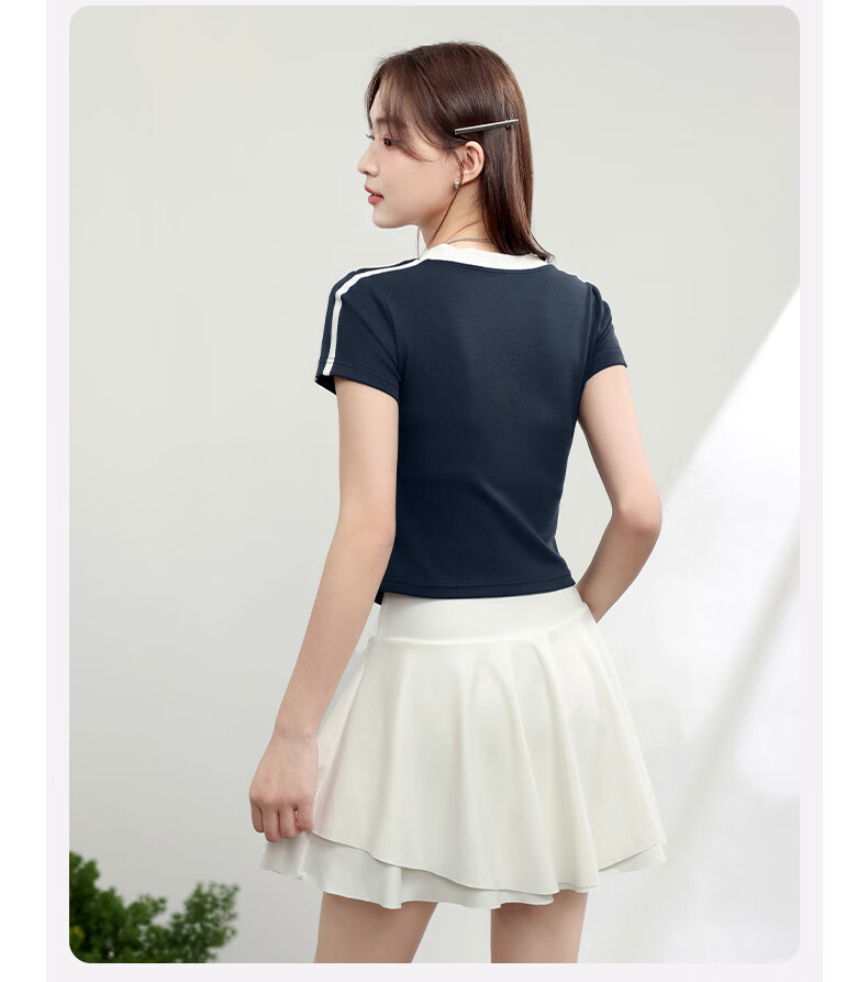 Baleno S&KV Color-Block Collar Short Sleeve T-Shirt Women 2026 Summer American Vintage Hot Girl Slim Fit Shoulder Top 2