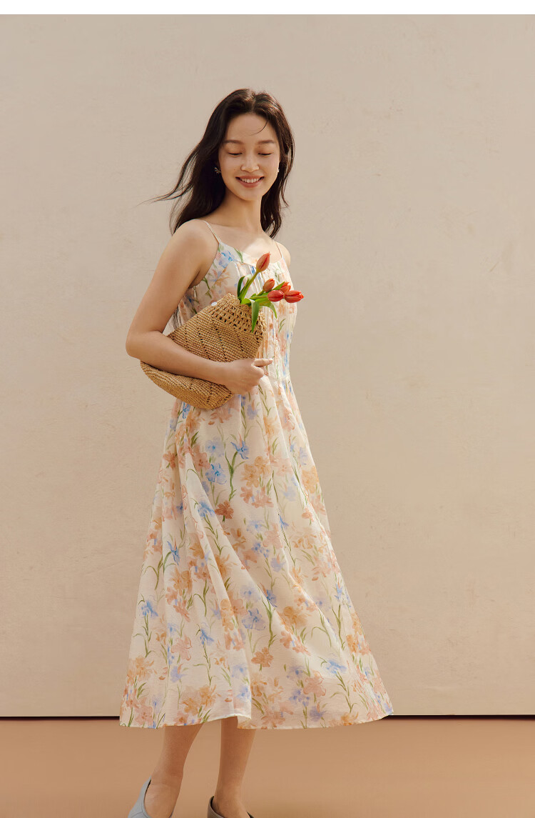 INMAN 100% Xinjiang Cotton Plant Print Camisole Dress 2026 Summer New Women's Dress Orange Flower Color XL 16