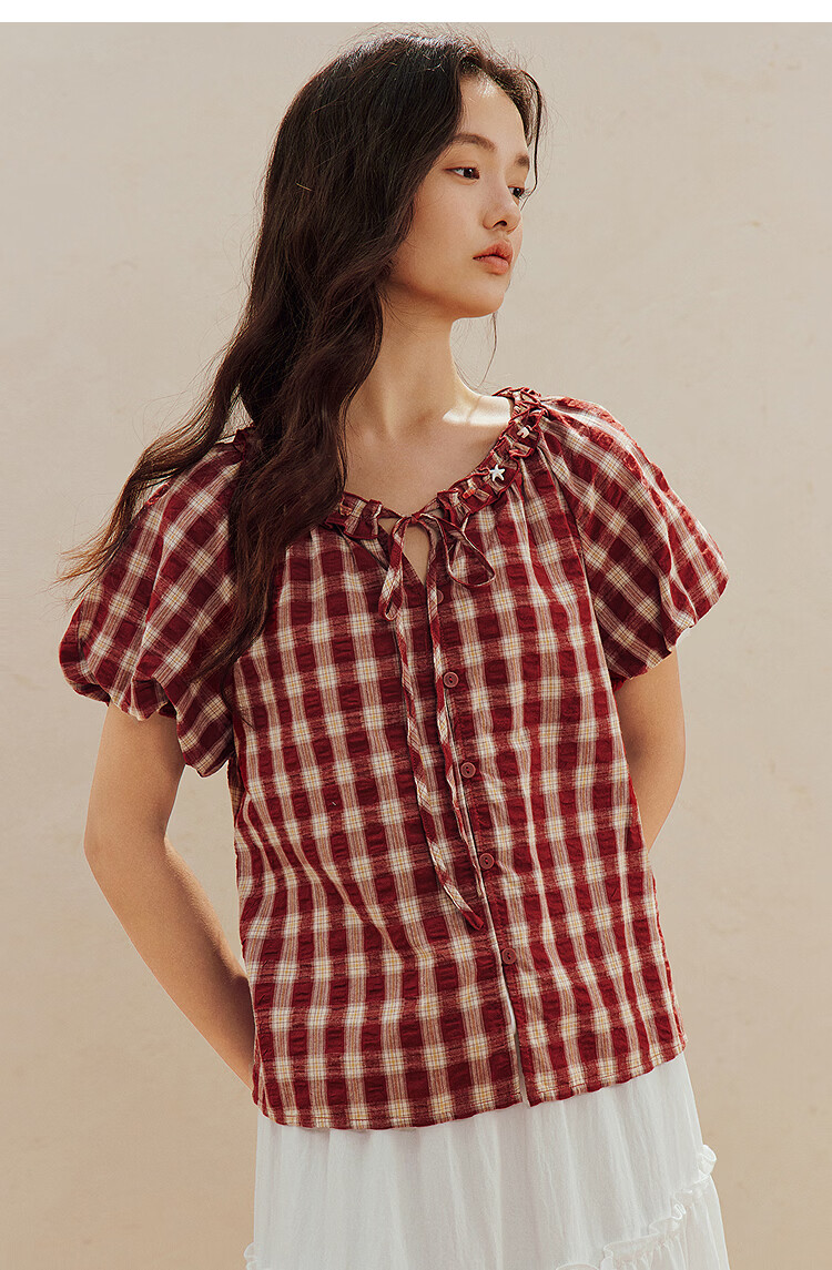 INMAN French Vintage Red Plaid Short Sleeve Shirt 26 Summer New Women's Ruffle Beaded Top Navy Plaid L 10
