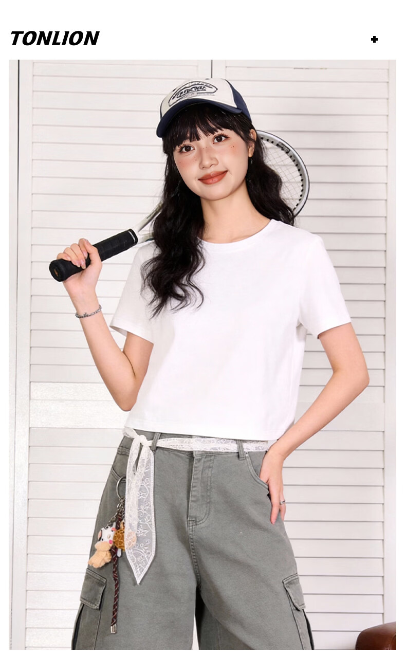 TonLion Pure Cotton Short Sleeve T-Shirt Women Round Neck Crop Top New Trendy Cute Skin-Friendly Basic Tee 6