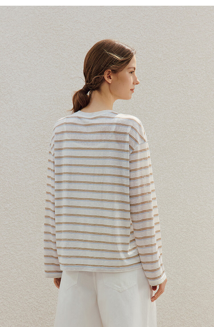 INMAN Lazy Fun Button Stripe Long Sleeve T-Shirt 26 Summer Women's New Colorblock Crew Neck Top Blue White Stripe S 18