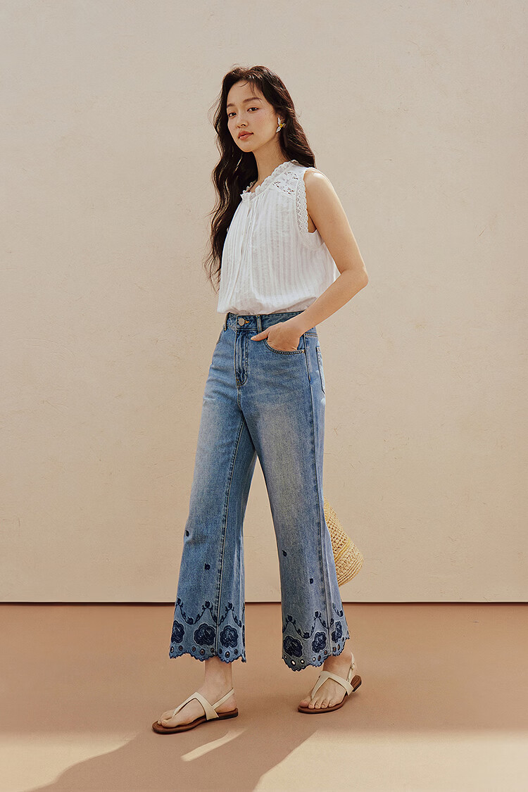 INMAN INMAN [Runway Style] Embroidered Wide-Leg Cropped Jeans, Summer 2026 Women's Embellished Pants, Denim Blue, Size 26 2