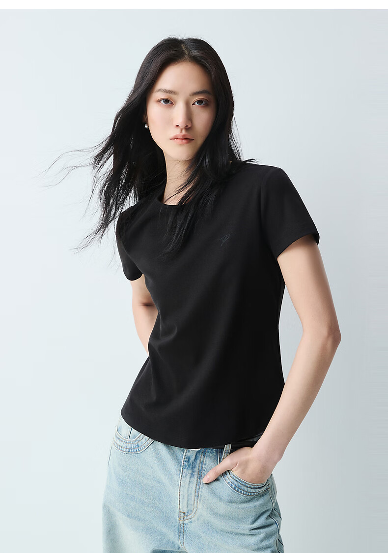 Peacebird Women's T-Shirt [Early 8 Commute T] Straight Shoulder Basic Short Sleeve Summer U-Neck Top U-Neck - Gray S 30