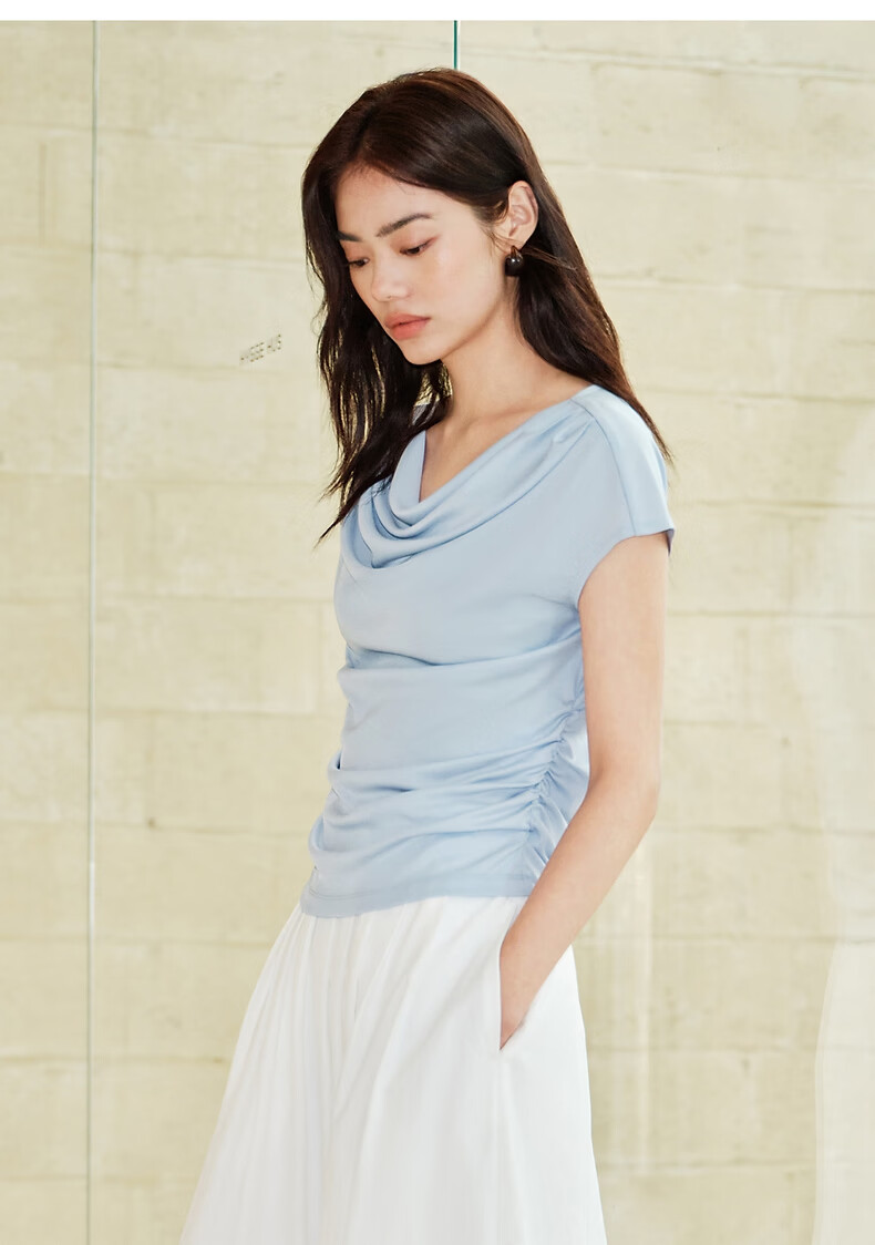 Peacebird Women's T-Shirt Elegant Texture Short Sleeve Summer Off-Shoulder Asymmetric Neck Dual-Wear Waist-Cinching Top Gray S 19