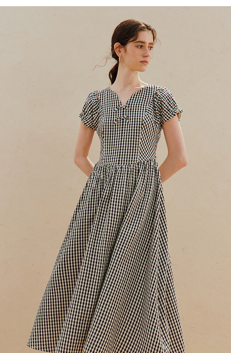 INMAN Plaid Bowknot V-Neck Puff Sleeve Dress 26 Summer New Women's Tie Waist Long Dress Black and White Check S 9