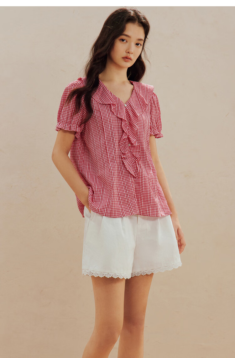 INMAN French Vintage Red Plaid Short Sleeve Shirt 26 Summer New Women's Ruffle Beaded Top Navy Plaid L 27