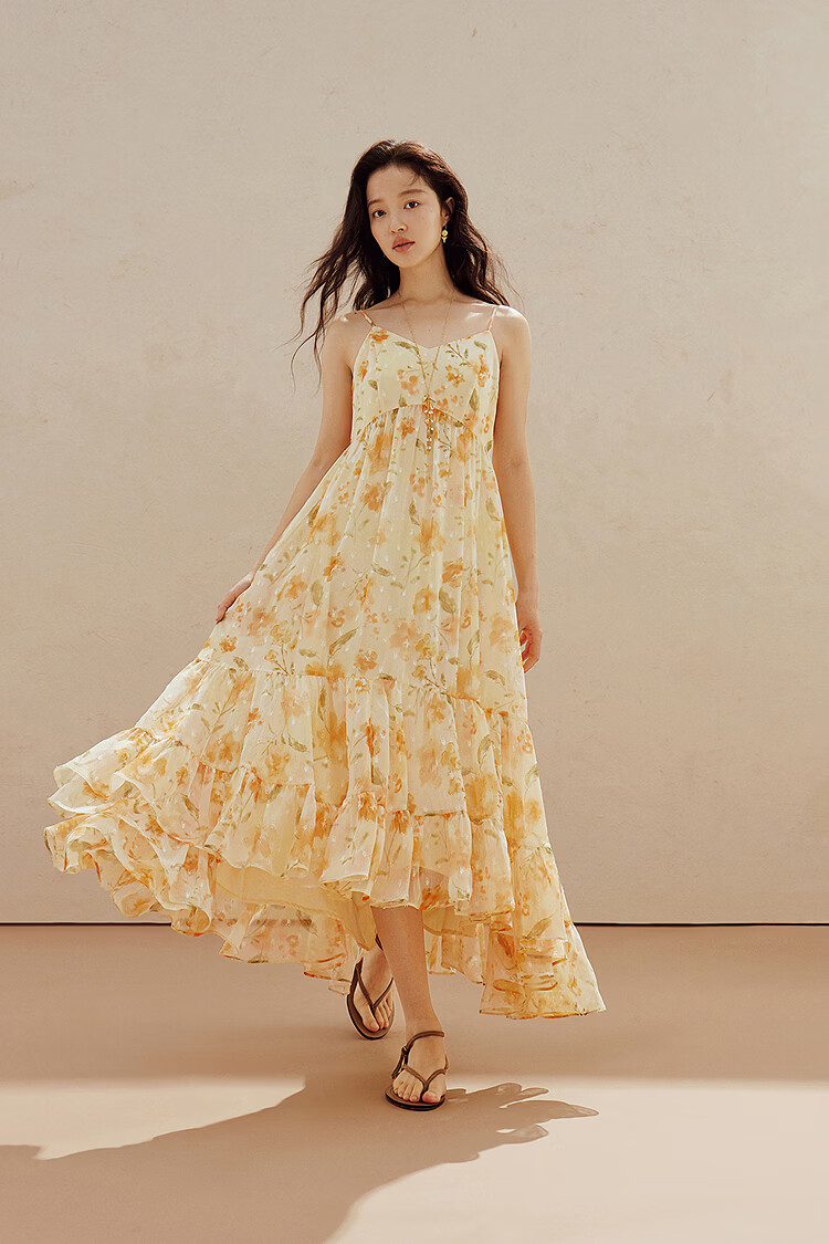 INMAN Floral V-Neck Spaghetti Strap Vacation Dress 2026 Summer Women's New Slim Waist A-Line Long Dress Colorful L 2