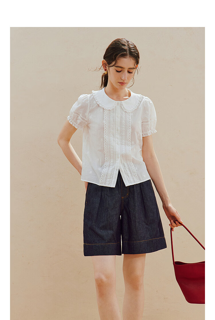 INMAN INMAN [Runway Style] Puff Sleeve Lace Peter Pan Collar Blouse, Summer 2026, Pure Cotton Short Sleeve, White, Size L 4