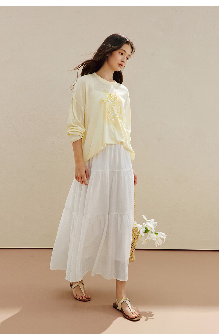 INMAN Casual Rope Embroidery Printed Long Sleeve T-Shirt 2026 Summer New Women's Versatile Drop Shoulder Crew Neck Top Goose Yellow L 22