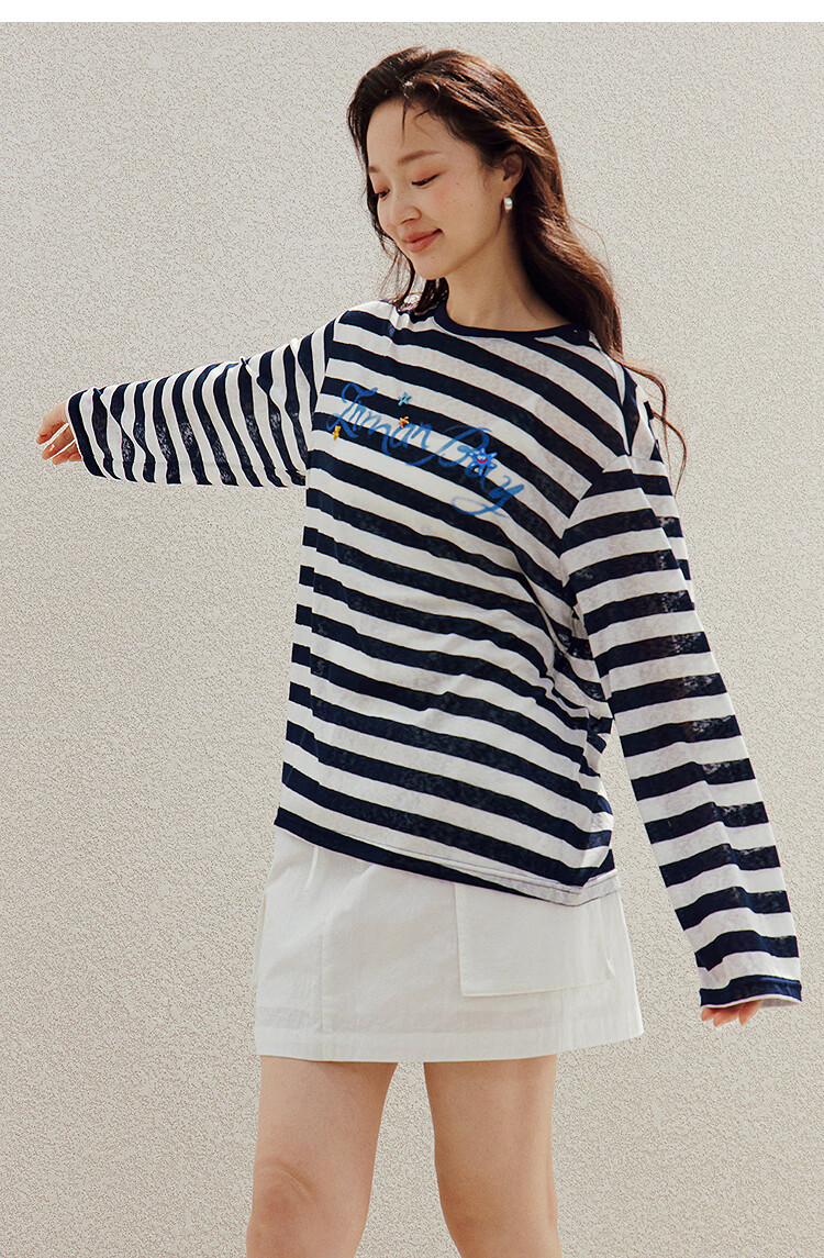 INMAN Lazy Stripe Letter Print Beaded Lightweight T-Shirt 26 Summer New Women's Long Sleeve Top Navy White Stripe L 16