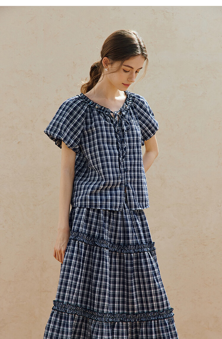 INMAN French Vintage Red Plaid Short Sleeve Shirt 26 Summer New Women's Ruffle Beaded Top Navy Plaid L 15
