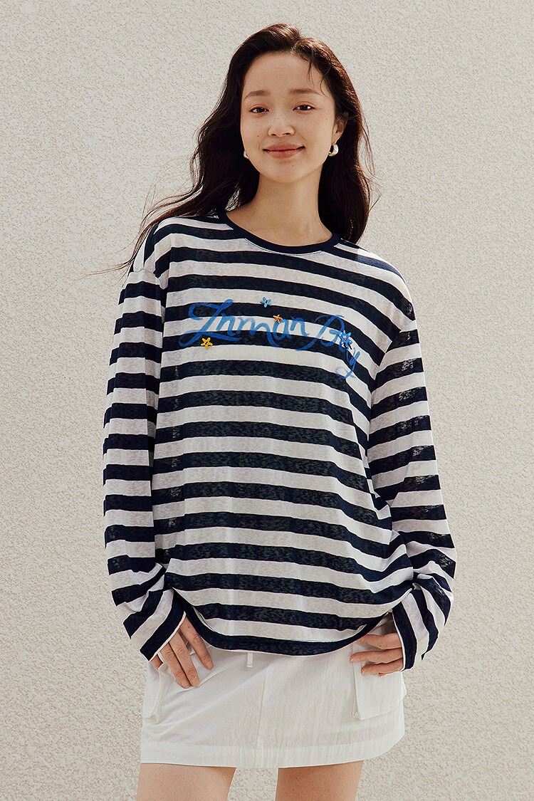 INMAN Lazy Stripe Letter Print Beaded Lightweight T-Shirt 26 Summer New Women's Long Sleeve Top Navy White Stripe L 2