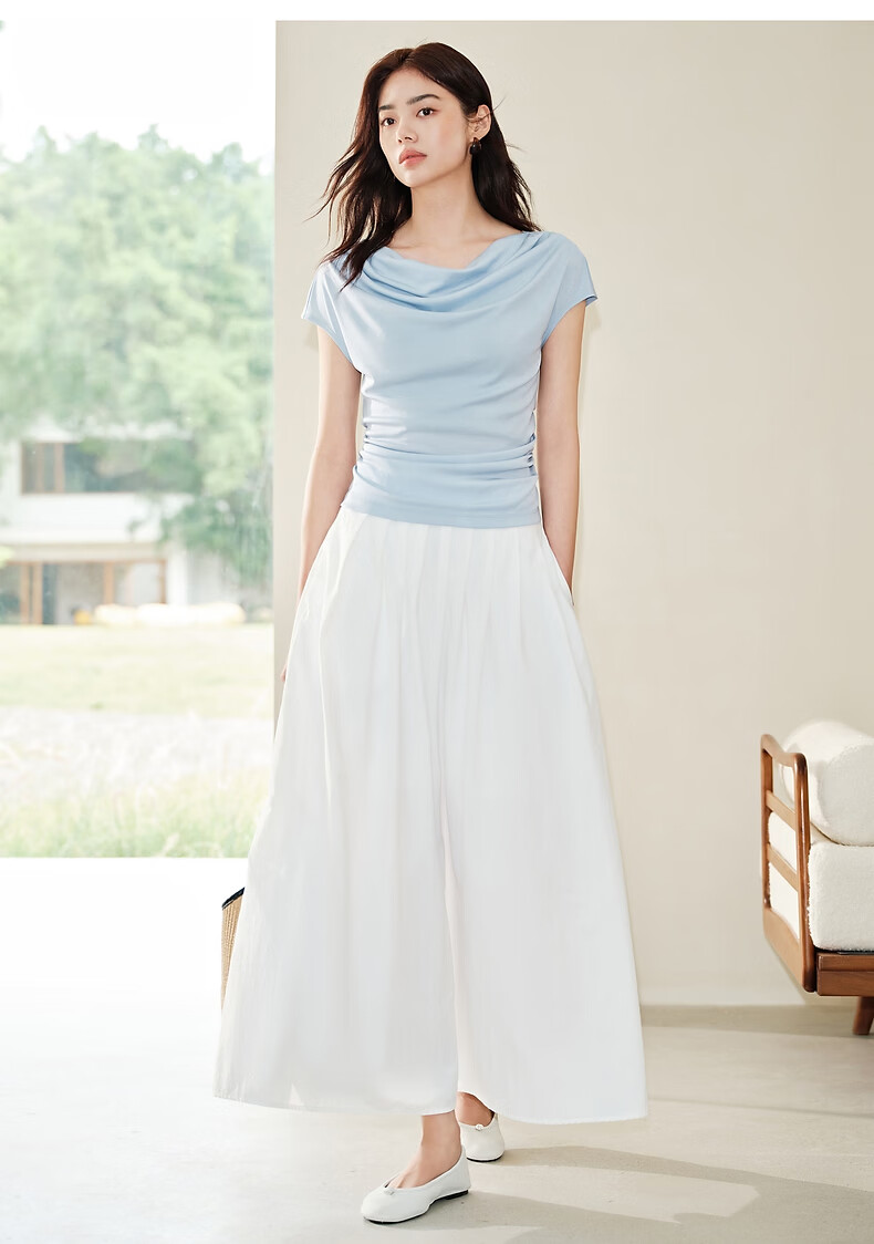 Peacebird Women's T-Shirt Elegant Texture Short Sleeve Summer Off-Shoulder Asymmetric Neck Dual-Wear Waist-Cinching Top Gray S 18
