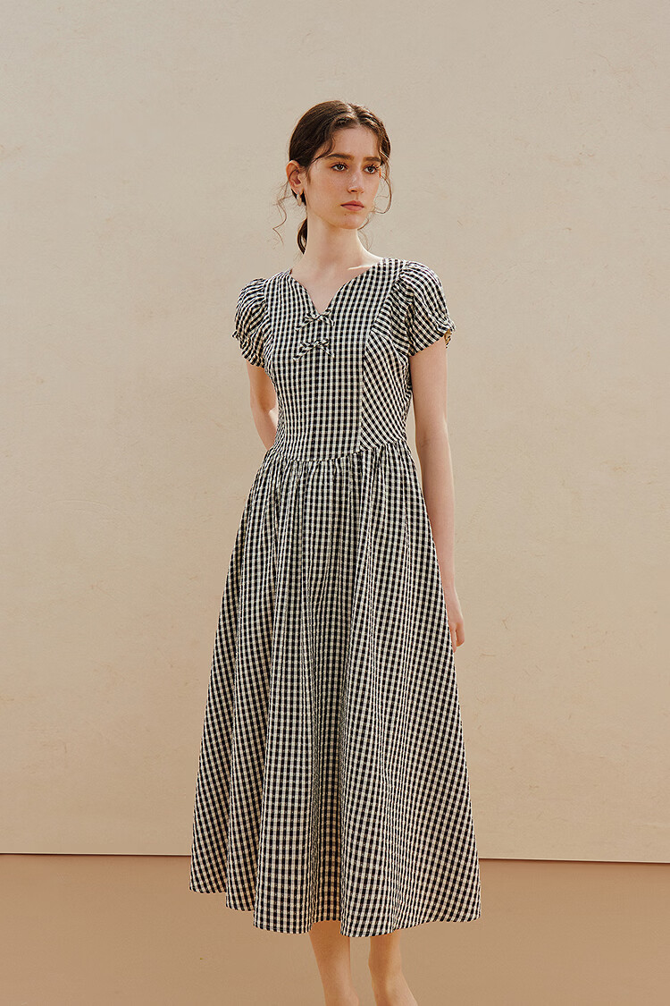 INMAN Plaid Bowknot V-Neck Puff Sleeve Dress 26 Summer New Women's Tie Waist Long Dress Black and White Check S 2