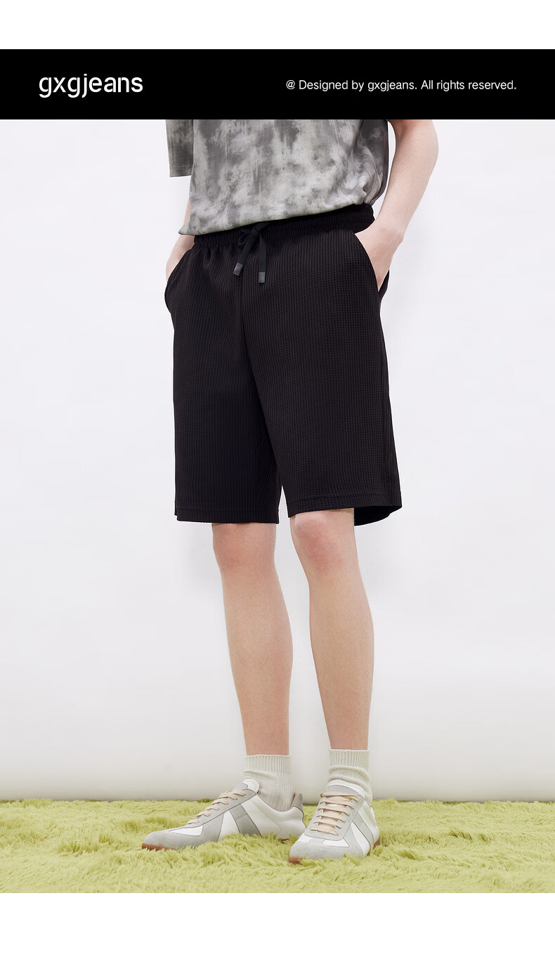 Gxgjeans Men's Casual Waffle Texture Drawstring Loose Straight Shorts 26 Summer New Black 185/XXL 1