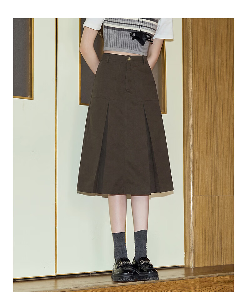 TonLion 2026 Spring Women's A-Line Mid-Length Skirt Brown M 8
