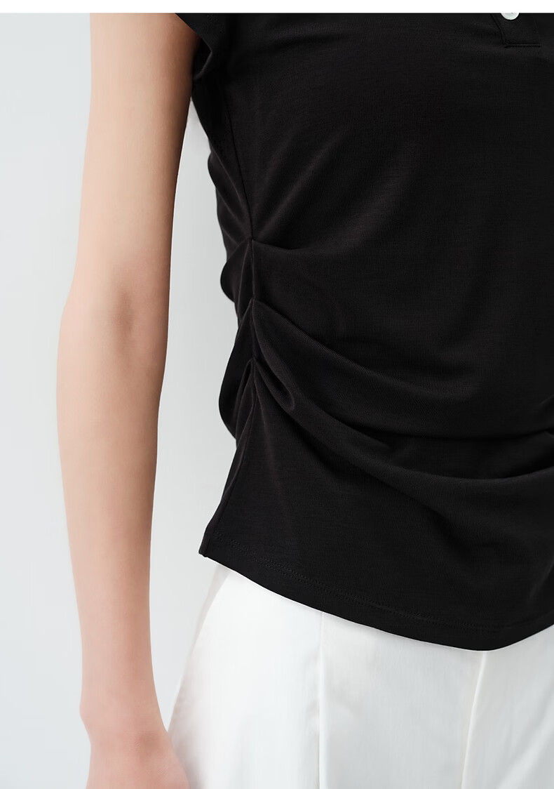 Peacebird Women's T-Shirt High-Intelligence Commuting Polo Collar Short Sleeve Spring Waist Pleated Design Black S 24