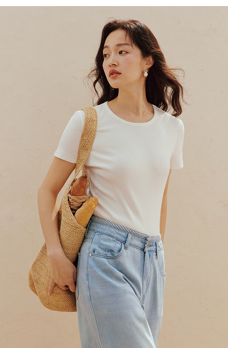 INMAN Casual Fitted Crew Neck Short Sleeve T-Shirt 26 Summer Women's New Solid Color Inner Top White M 17