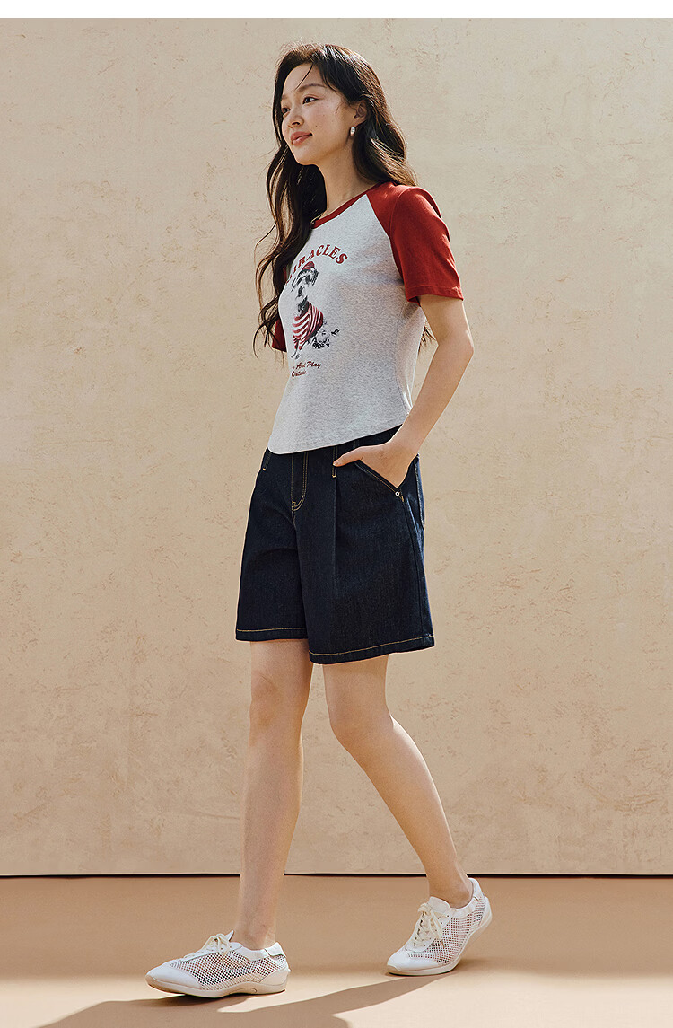 INMAN Age-Reducing Puppy Print Color-Block Short Sleeve T-Shirt 2026 Summer Women's New Regular Fit Top Royal Blue L 16