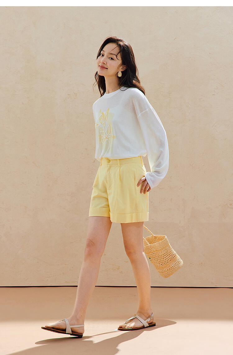 INMAN Casual Rope Embroidery Printed Long Sleeve T-Shirt 2026 Summer New Women's Versatile Drop Shoulder Crew Neck Top Goose Yellow L 17
