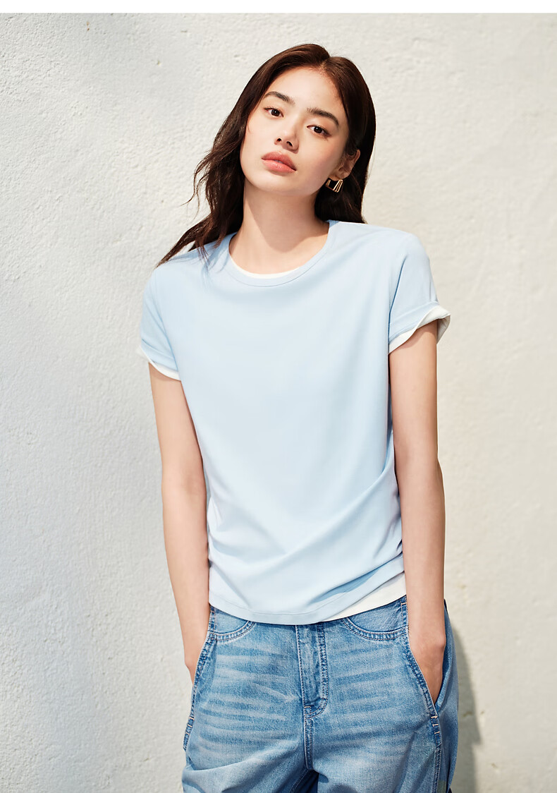 Peacebird Women's T-Shirt [Early 8 Commute T] Straight Shoulder Basic Short Sleeve Summer U-Neck Top U-Neck - Gray S 29