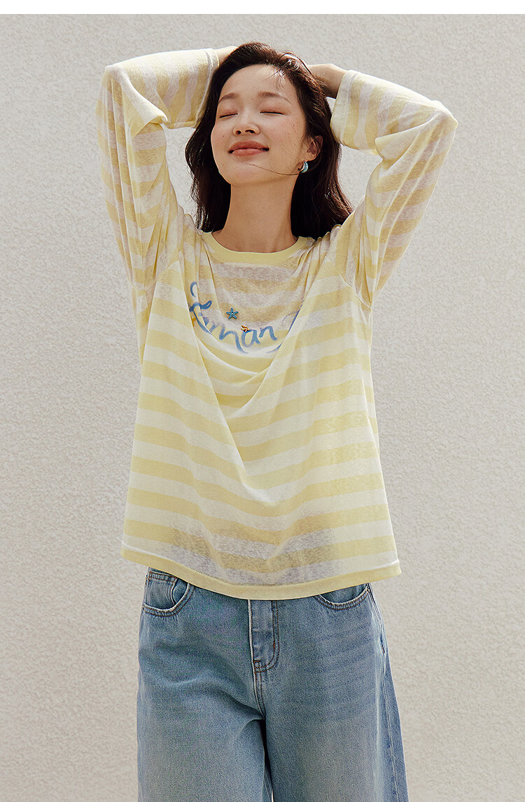 INMAN Lazy Stripe Letter Print Beaded Lightweight T-Shirt 26 Summer New Women's Long Sleeve Top Navy White Stripe L 22
