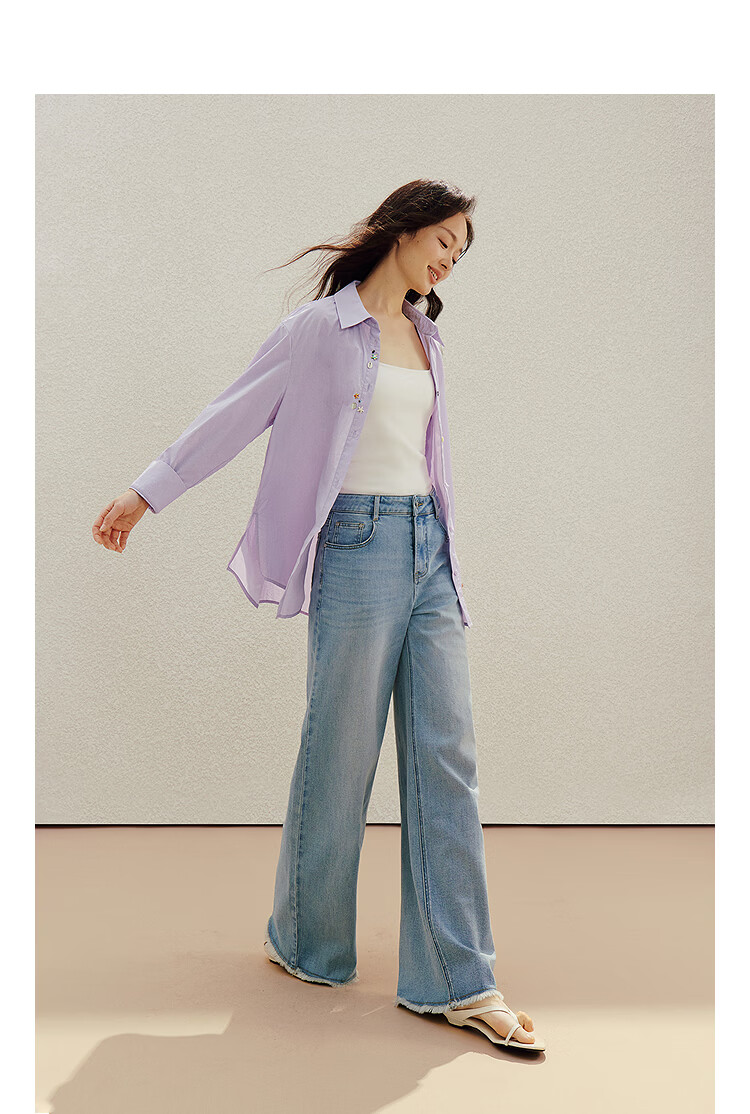 INMAN Simple Shell Beaded Embroidered Long Sleeve Shirt 26 Summer New Women's Commuting Turn-down Collar Top Purple S 4
