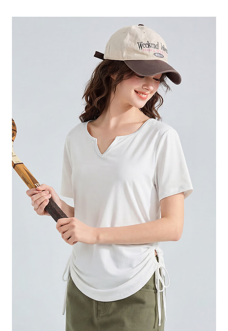 TonLion 2026 New Summer Women's Short Sleeve V-Neck Sports Style Sun Protection T-Shirt with Drawstring Waist Design White 10