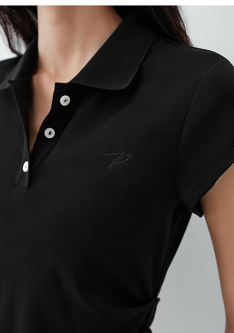 Peacebird Women's T-Shirt High-Intelligence Commuting Polo Collar Short Sleeve Spring Waist Pleated Design Black S 23