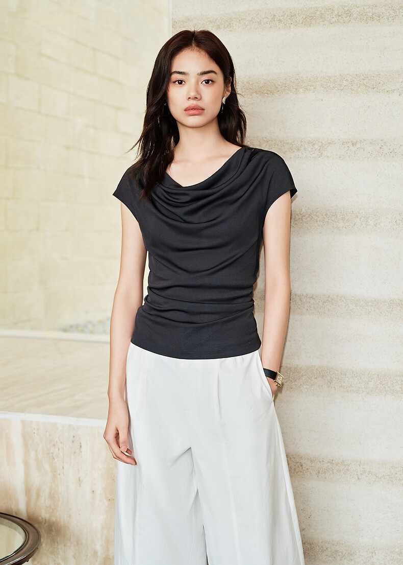 Peacebird Women's T-Shirt Elegant Texture Short Sleeve Summer Off-Shoulder Asymmetric Neck Dual-Wear Waist-Cinching Top Gray S 17
