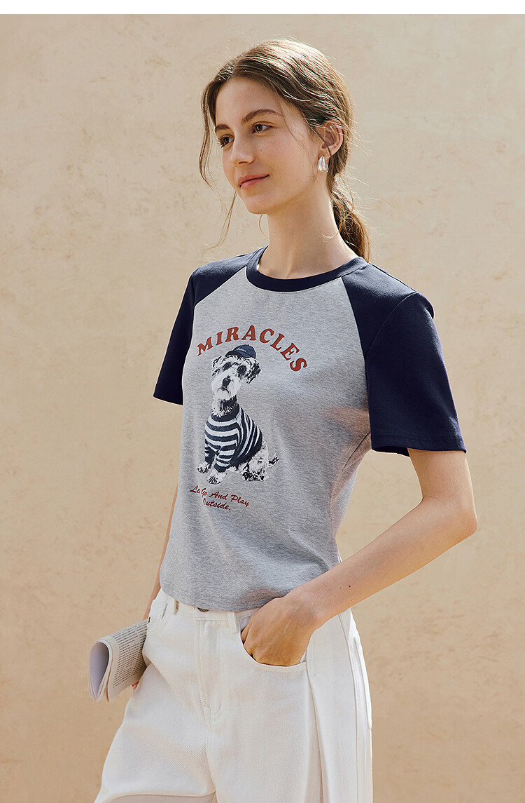 INMAN Age-Reducing Puppy Print Color-Block Short Sleeve T-Shirt 2026 Summer Women's New Regular Fit Top Royal Blue L 22