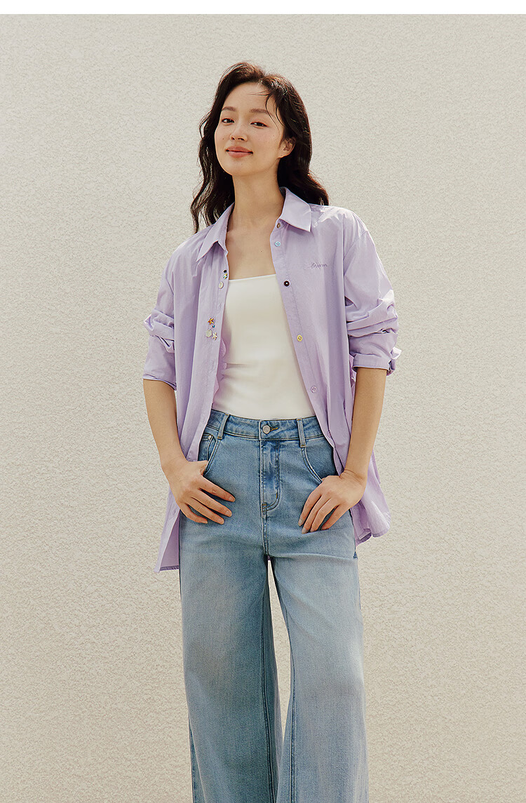 INMAN Simple Shell Beaded Embroidered Long Sleeve Shirt 26 Summer New Women's Commuting Turn-down Collar Top Purple S 28