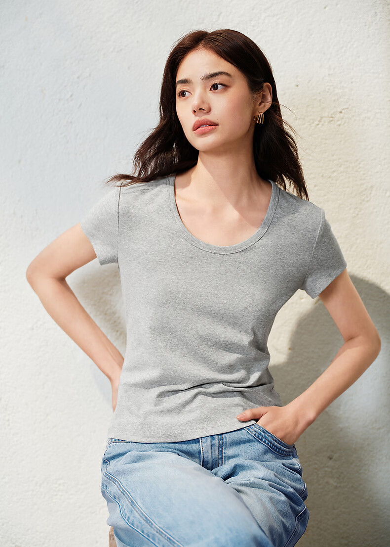 Peacebird Women's T-Shirt [Early 8 Commute T] Straight Shoulder Basic Short Sleeve Summer U-Neck Top U-Neck - Gray S 27
