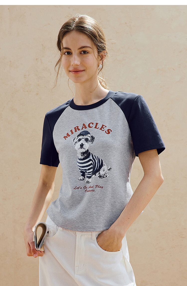 INMAN Age-Reducing Puppy Print Color-Block Short Sleeve T-Shirt 2026 Summer Women's New Regular Fit Top Royal Blue L 19