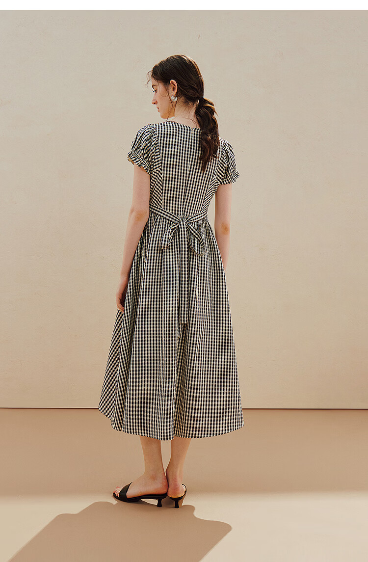 INMAN Plaid Bowknot V-Neck Puff Sleeve Dress 26 Summer New Women's Tie Waist Long Dress Black and White Check S 13