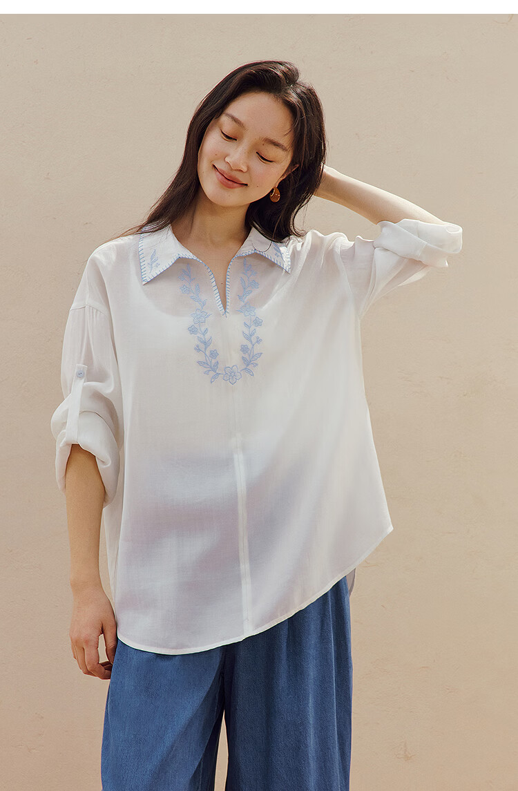 INMAN French Fresh Embroidered Lapel Long Sleeve Shirt 2026 Summer New V-Neck Drop Shoulder Top Frost White XL 15