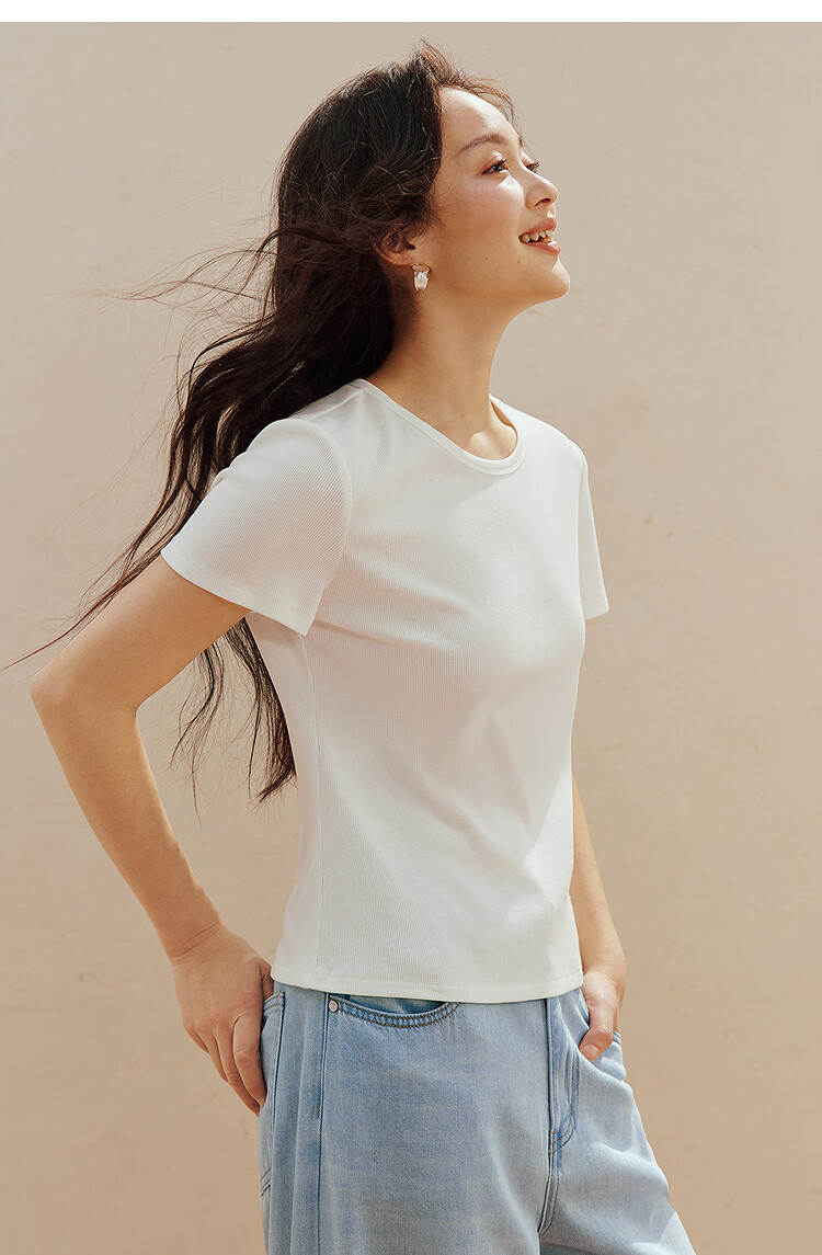 INMAN Casual Fitted Crew Neck Short Sleeve T-Shirt 26 Summer Women's New Solid Color Inner Top White M 15