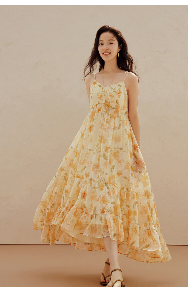 INMAN Floral V-Neck Spaghetti Strap Vacation Dress 2026 Summer Women's New Slim Waist A-Line Long Dress Colorful L 11